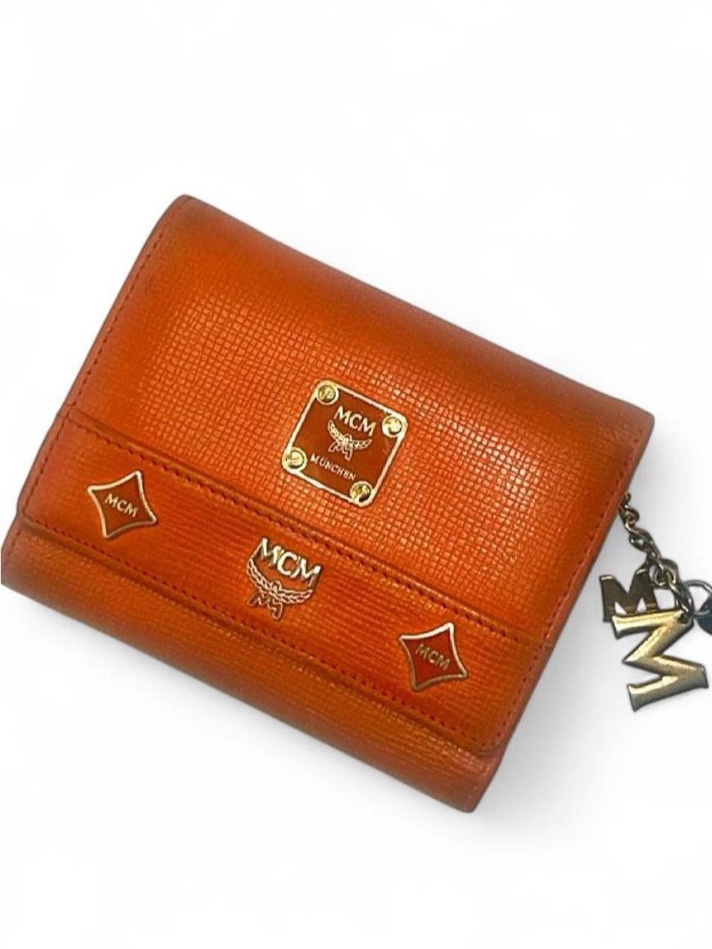 MCM Orange Saffiano Leather Trifold Wallet Logo Charm